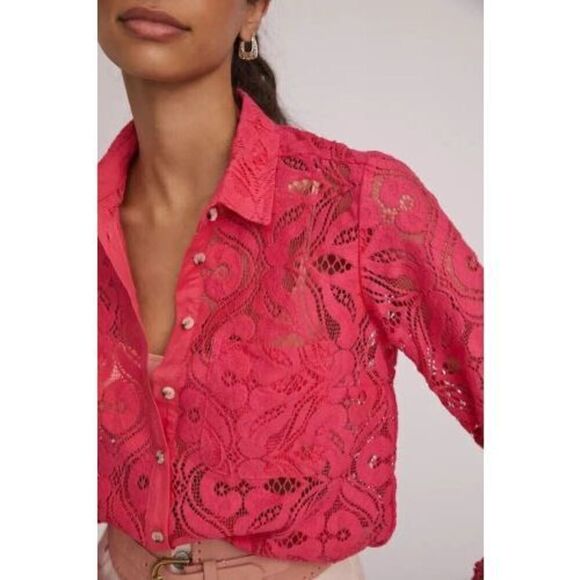 Maeve By Anthropologie Women’s Pink Open Lace Slim Button Down Blouse Top Size 4 - Picture 15 of 15